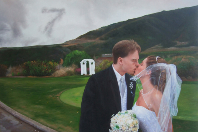 an oil painting of a wedding couple kissing outdoors