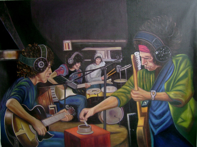 Painting of a band recording in a studio.