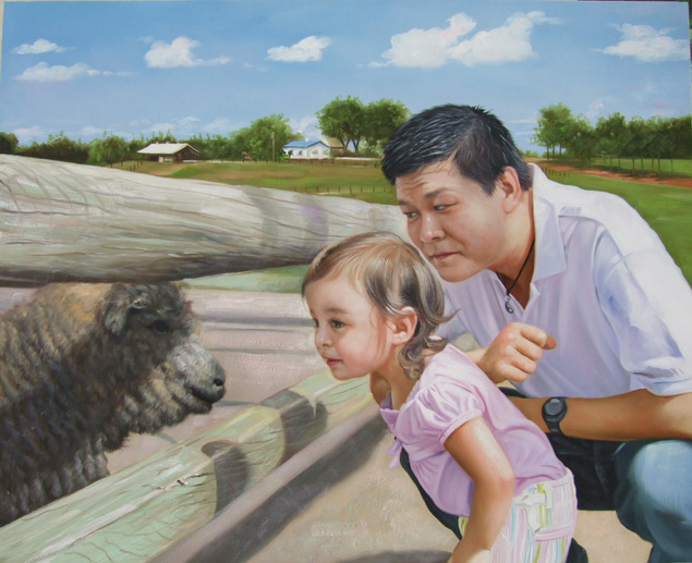 a custom oil paintng of father and daughter looking at sheep