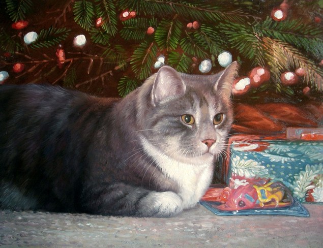 Gray and white cat near Christmas tree and presents.