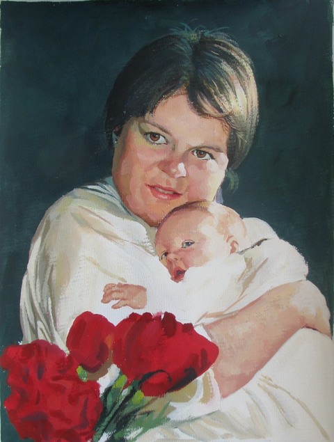 Painting of a mother holding her baby, with red flowers in her lap.