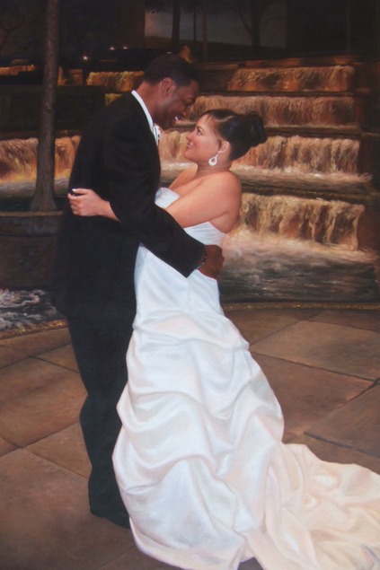 an oil painting of a black wedding couple hugging