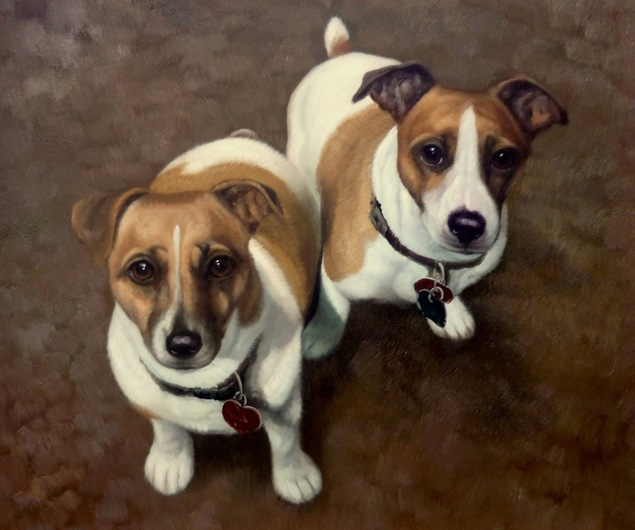 Painting of two Jack Russell Terriers looking up.