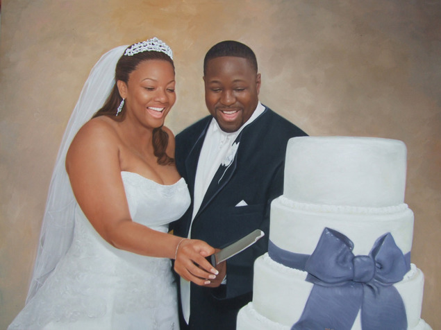 a custom oil painting of black couple cutting cake