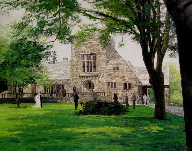 Painting of a wedding at a stone building.