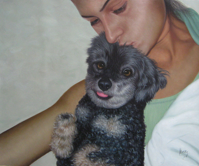 Custom oil portrait of a woman kissing black poodle