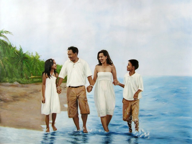 an oil painting of asian family at the beach
