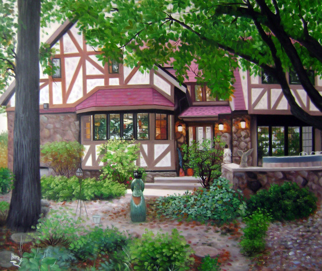 Custom oil painting of a red trim house in the woods