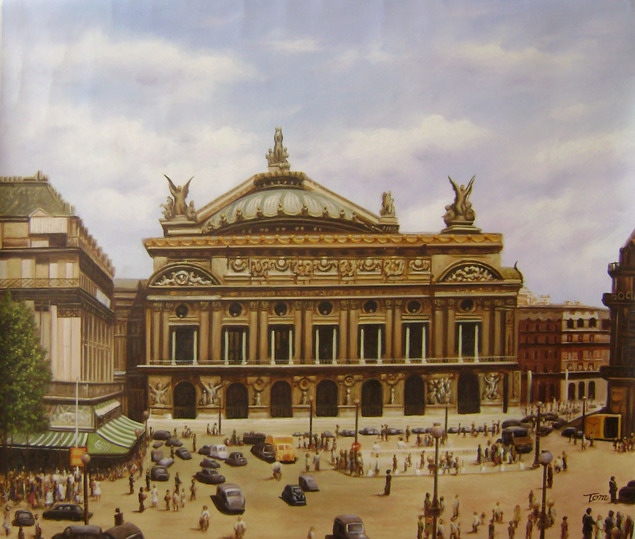 Painting of the Palais Garnier in Paris with people and cars in the square.