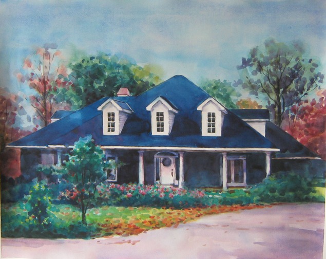 custom watercolor painting of a blue one story home
