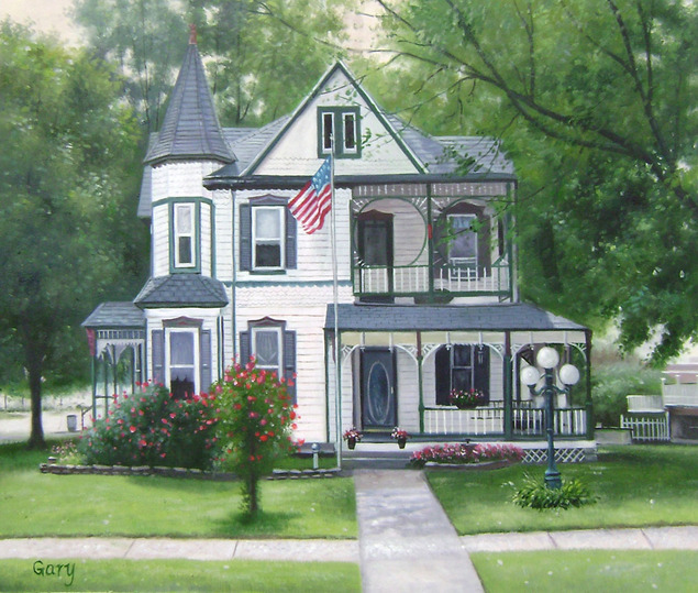 Painting of a white Victorian house with a wrap-around porch, American flag, and rose bushes.