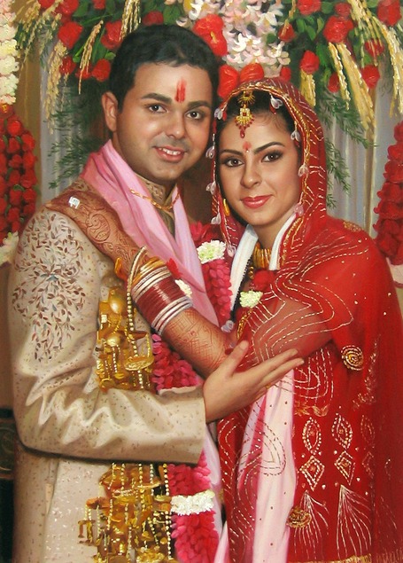 an indian wedding couple oil painting