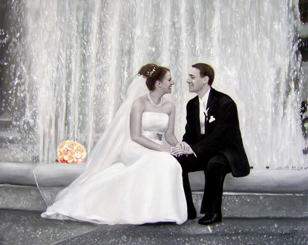 a black and white oil painting of a wedding couple fountain