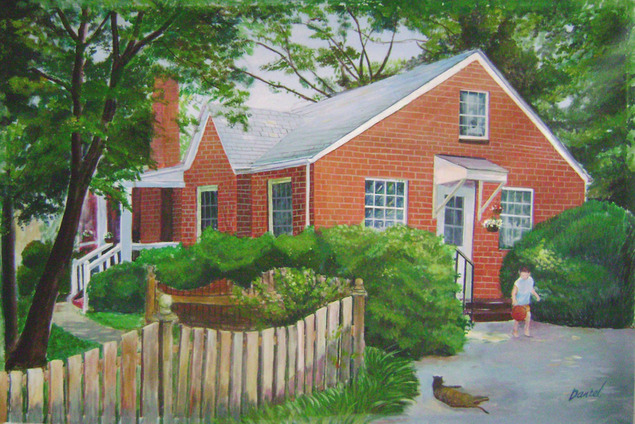 Painting of a red brick house with a child and cat in the yard.