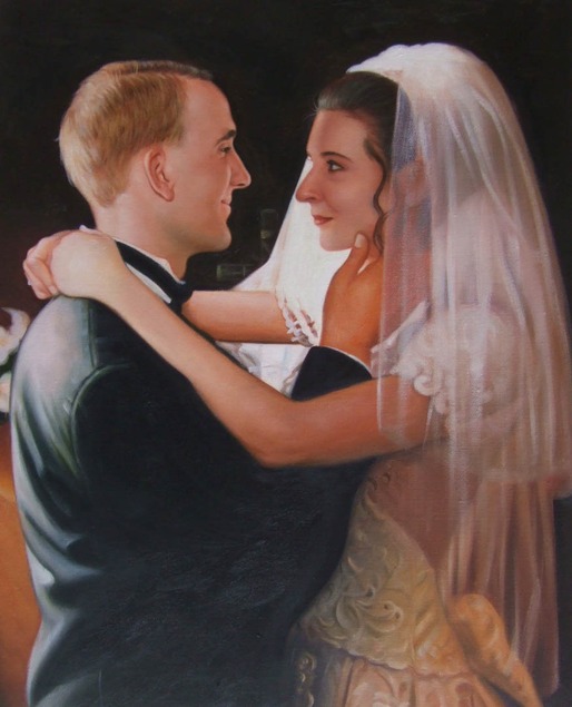 an oil painting of a wedding couple hugging