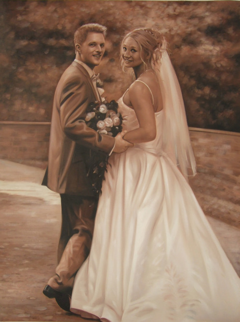 a sephia oil painting of a wedding couple outdoors