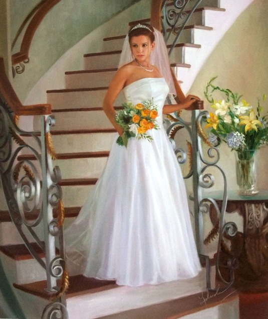 an oil painting of the bride coming down the stairs