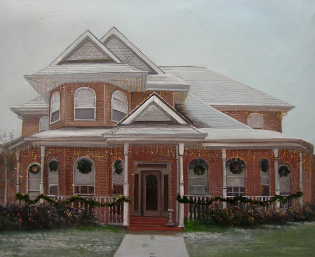 Handmade oil painting of a brick house christmas
