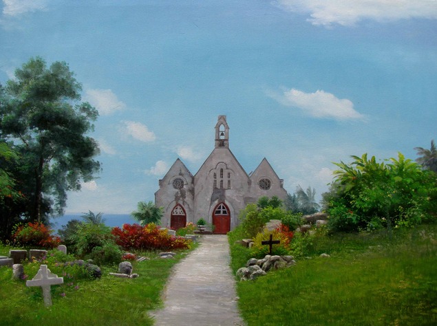 Stone church with red doors, path leading to it through a graveyard.