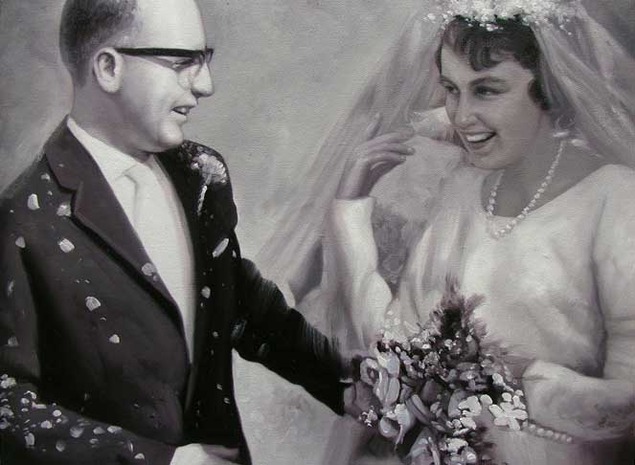 a black and white custom oil painting of wedding couple