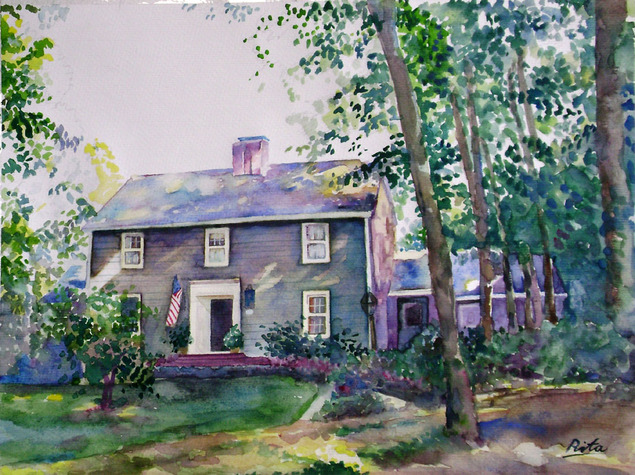 custom watercolor painting of an American home with trees