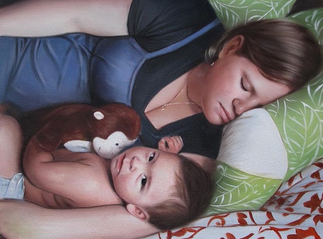 an oil portrait of mother sleeping with her child