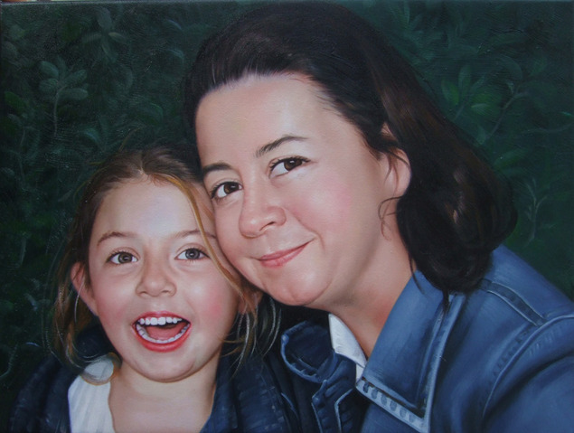 an oil portrait of mother and her child smiling
