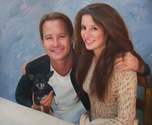 Custom oil painting of a couple with black chihuahua