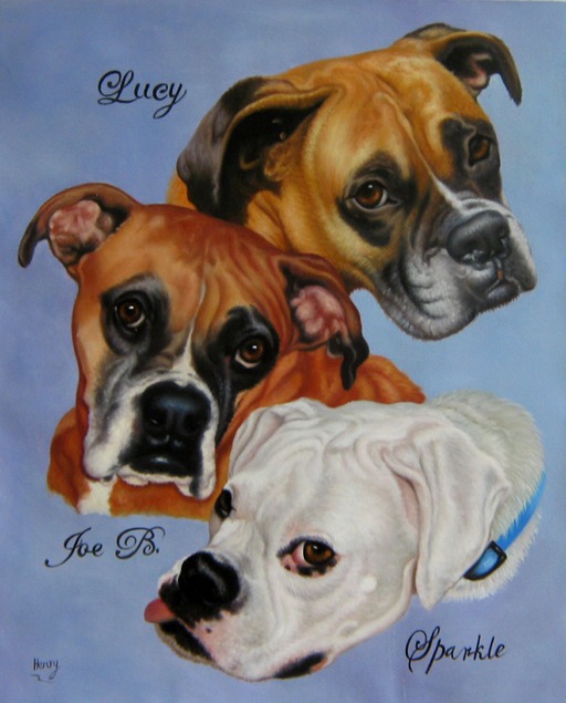 Handmade oil painting of three boxers
