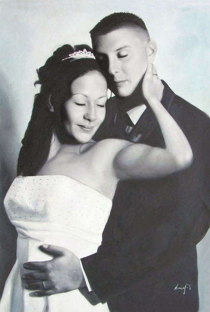 a black and white oil painting of a wedding couple hugging