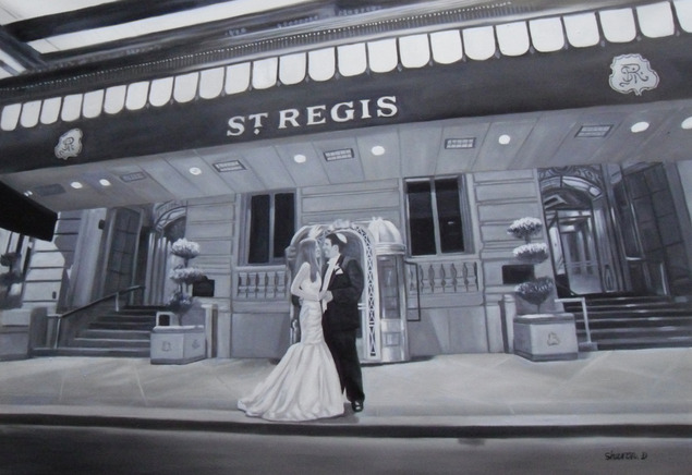 a black and white oil painting of wedding couple in hotel