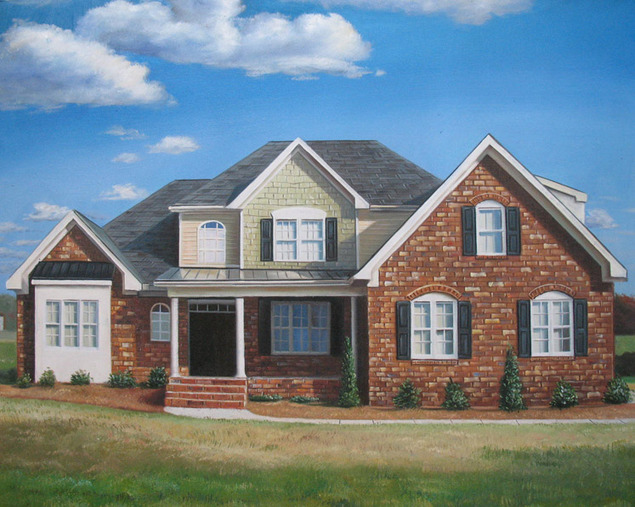Painting of a two-story brick house with a light green gable under a blue sky.