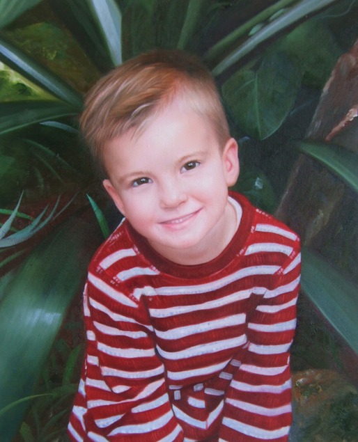 an oil painting of an young child stripped red white outfit