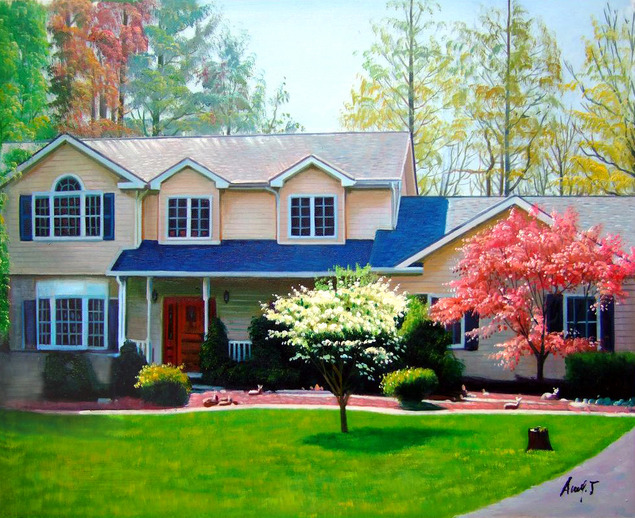 Painting of a two-story beige house with a blue roof, surrounded by trees and flowering shrubs.