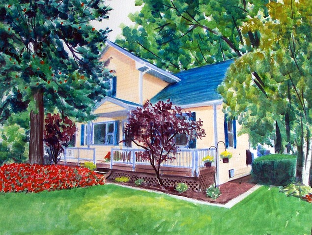 custom watercolor painting of a small yellow house with tree