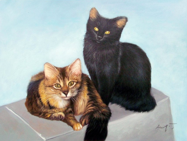 Painting of a tabby cat and a black cat sitting together.