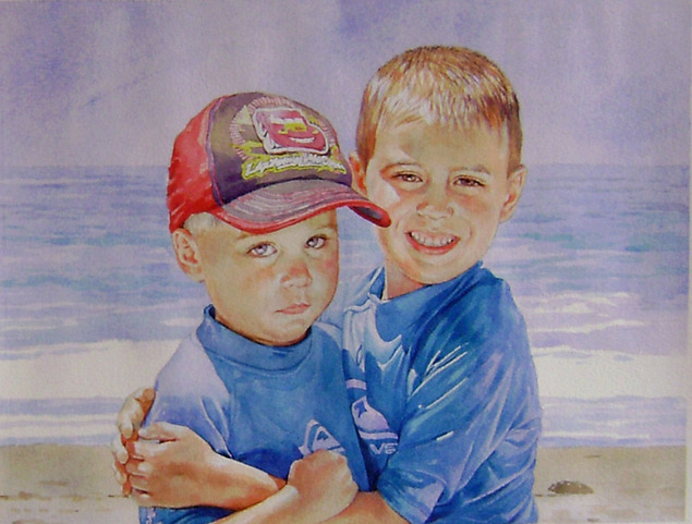 custom watercolor painting of brothers playing by the beach