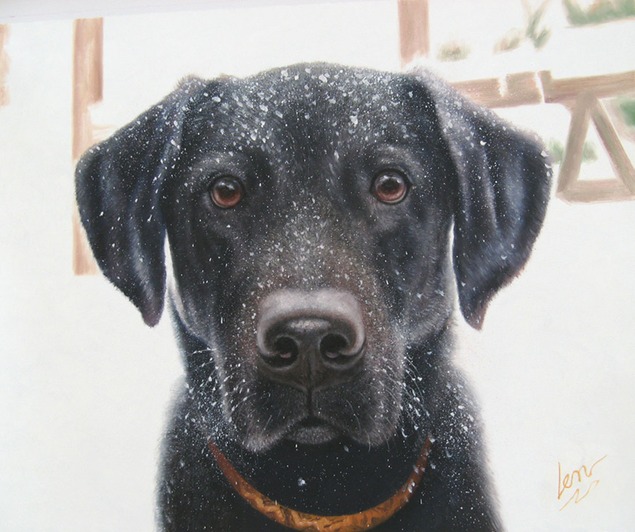 Handmade oil portrait of a black lab in snow