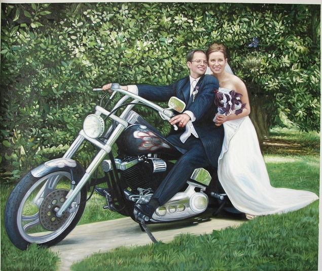 Painting of a bride and groom on a motorcycle