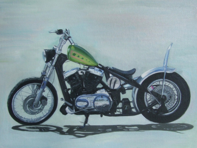 Custom oil handmade painting of a green gas tank bike