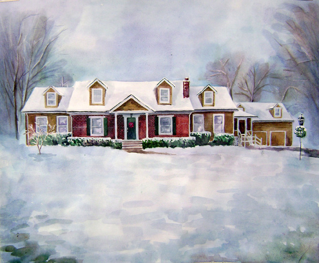 custom watercolor painting house covered in snow