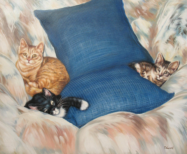 pet painting of 3 cats cuddling on the couch