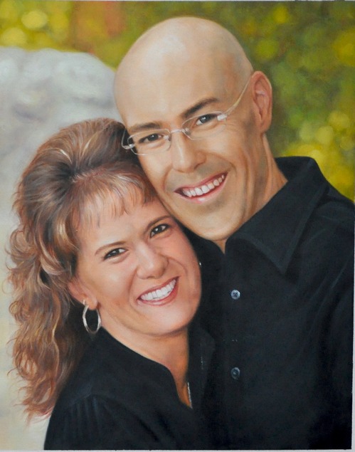 paint a picture of happy couple bald man hugging woman
