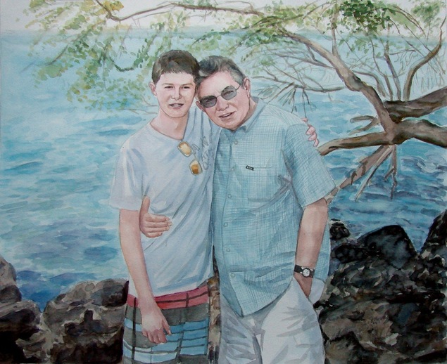 custom watercolor painting of a father and son hugging