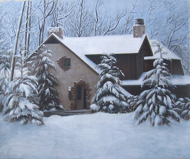 Snow-covered house and evergreens in a winter landscape.