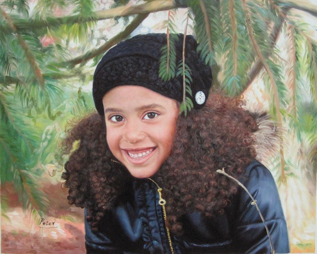 an oil paiting of a little girl with curly hair