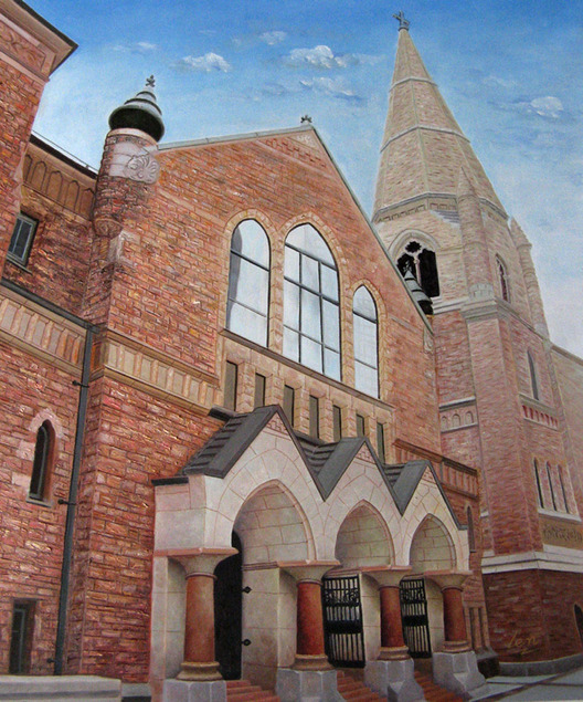 Painting of a brick church with a tall spire and arched entryway.