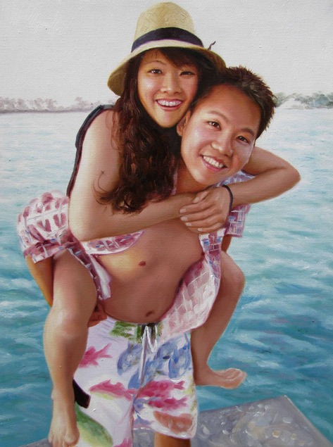 photo to paint of Asian couple by the beach