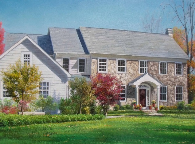 Handmade oil painting stone brick house