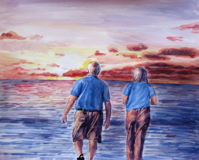 custom watercolor painting of older couple by the beach